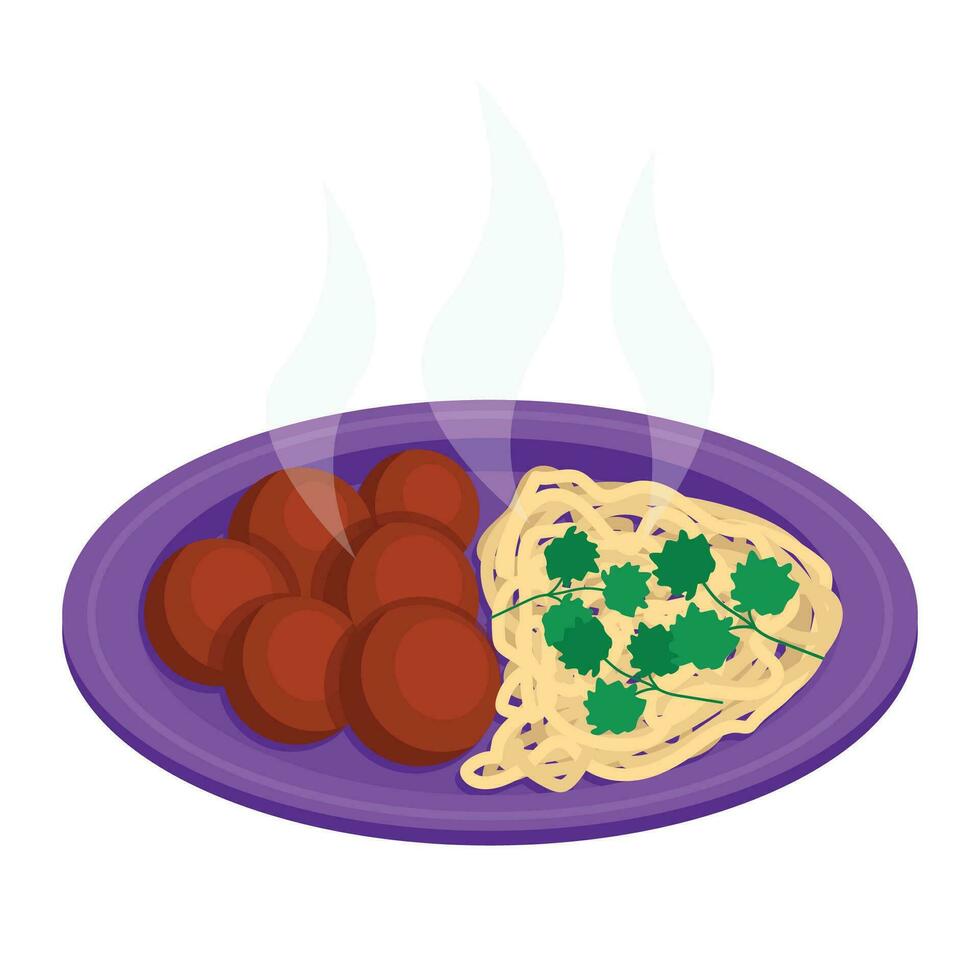 Meatballs with noodles and garnished with cilantro. Vector graphic.