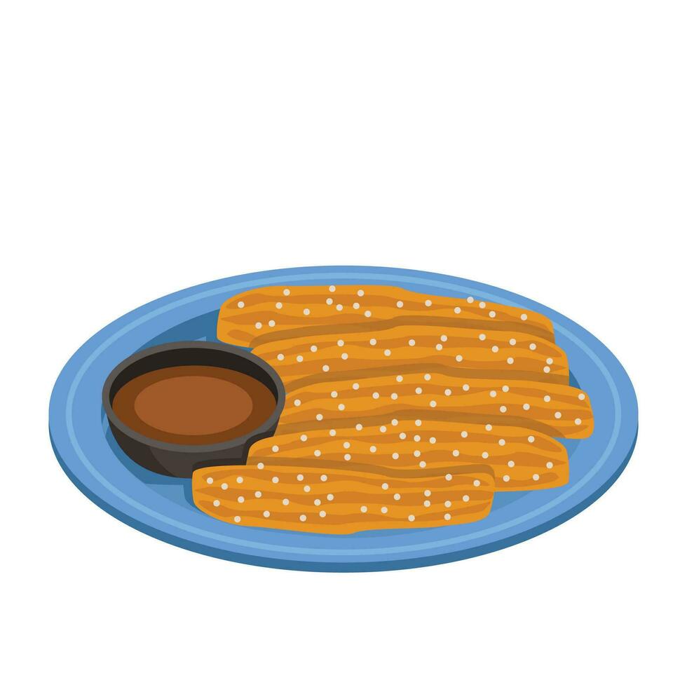 Churros. Sweet roasted pastry dough with sugar and chocolate sauce. Dessert. Vector graphic.