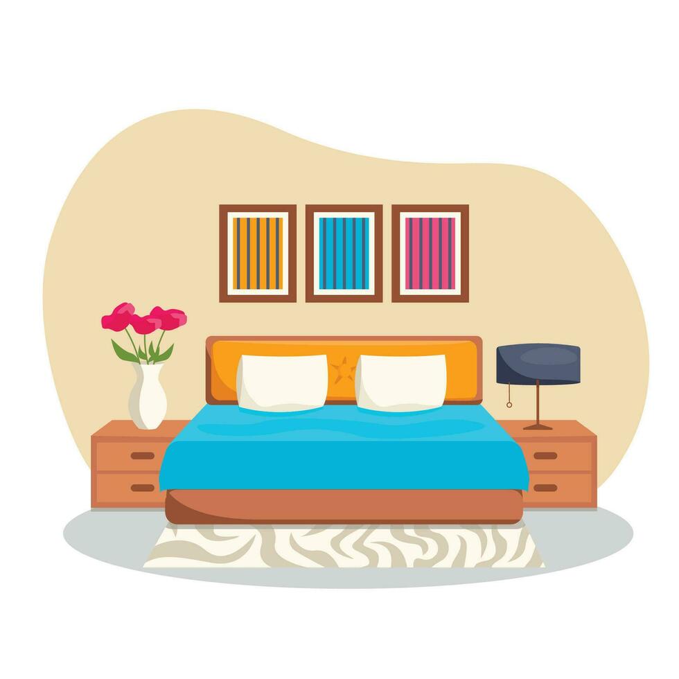 dormitorio interior. cama, cabecera mesas, pinturas, florero de flores, alfombra, lámpara. vector gráfico.