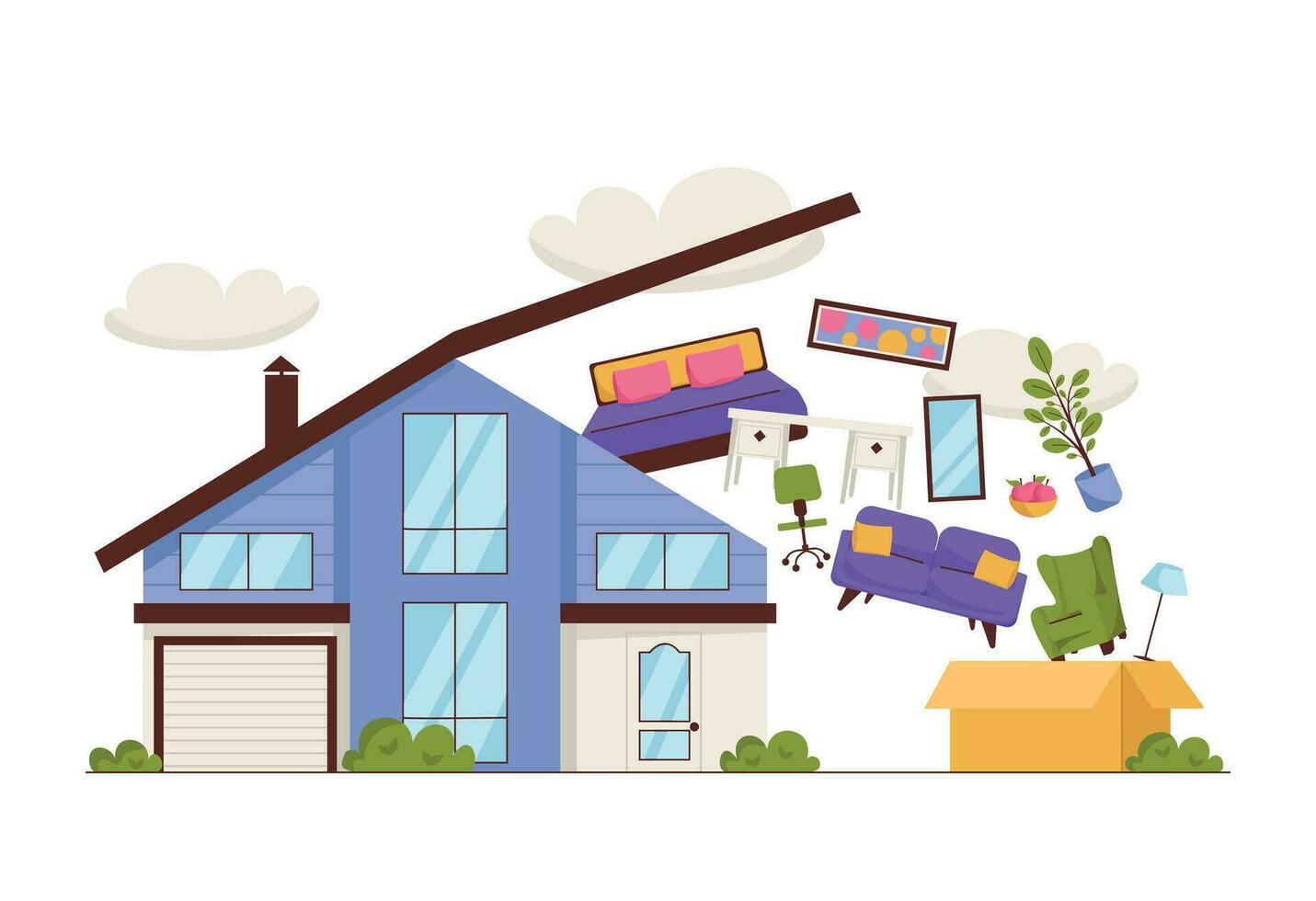 Moving to house. Beautiful large house with an open roof, next to a box from which furniture and interior items fly out into the house. Vector graphic.