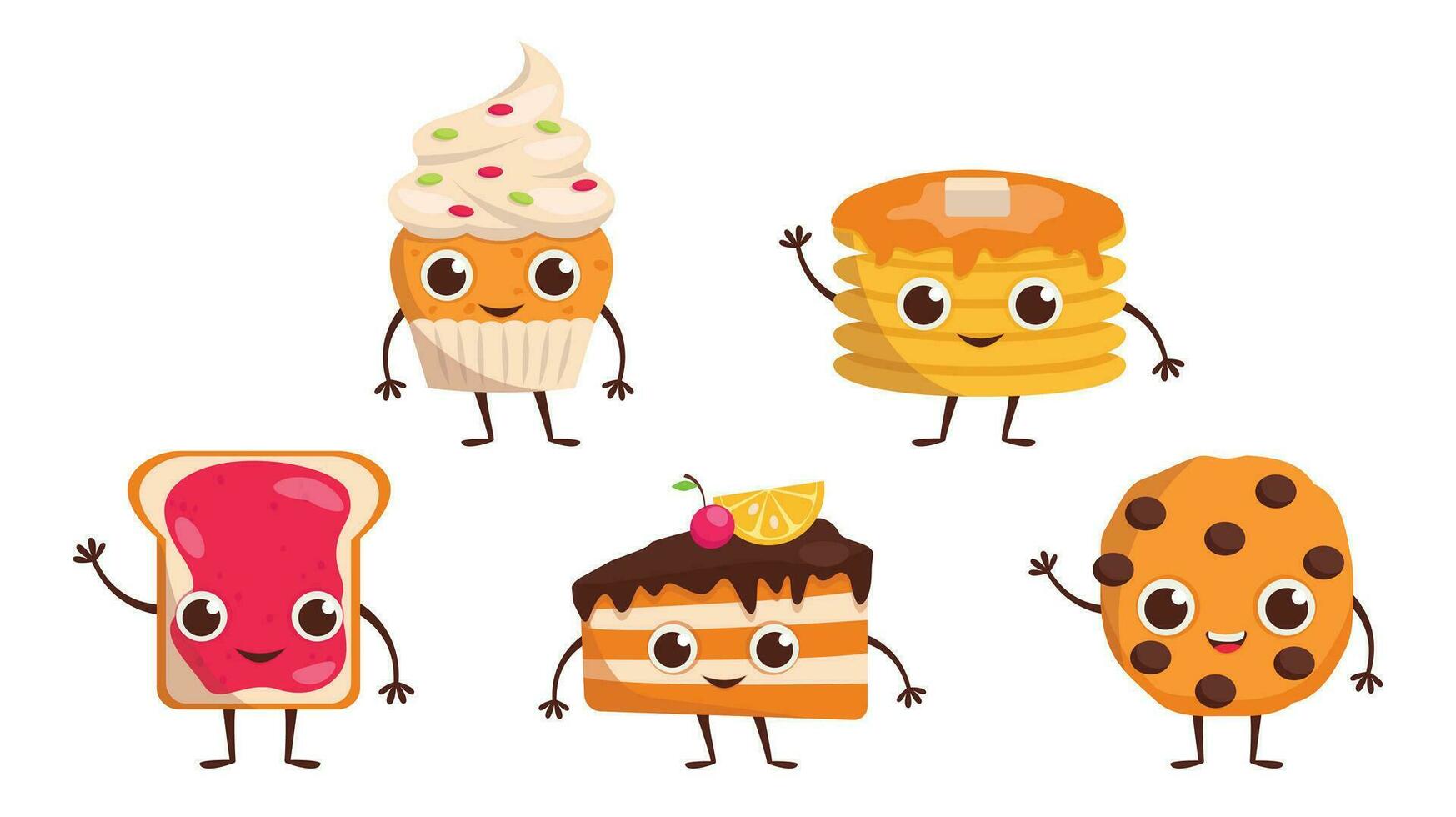 Set of cute dessert characters. Cupcake, pancakes, toast with jam, cake, chocolate chip cookie. Vector graphic.
