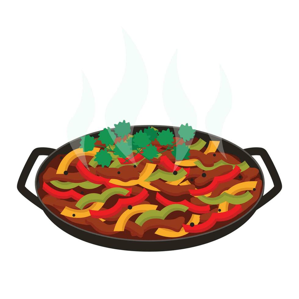 Fajitas. Dish of meat and vegetables, striped on a pan. Vector graphic.