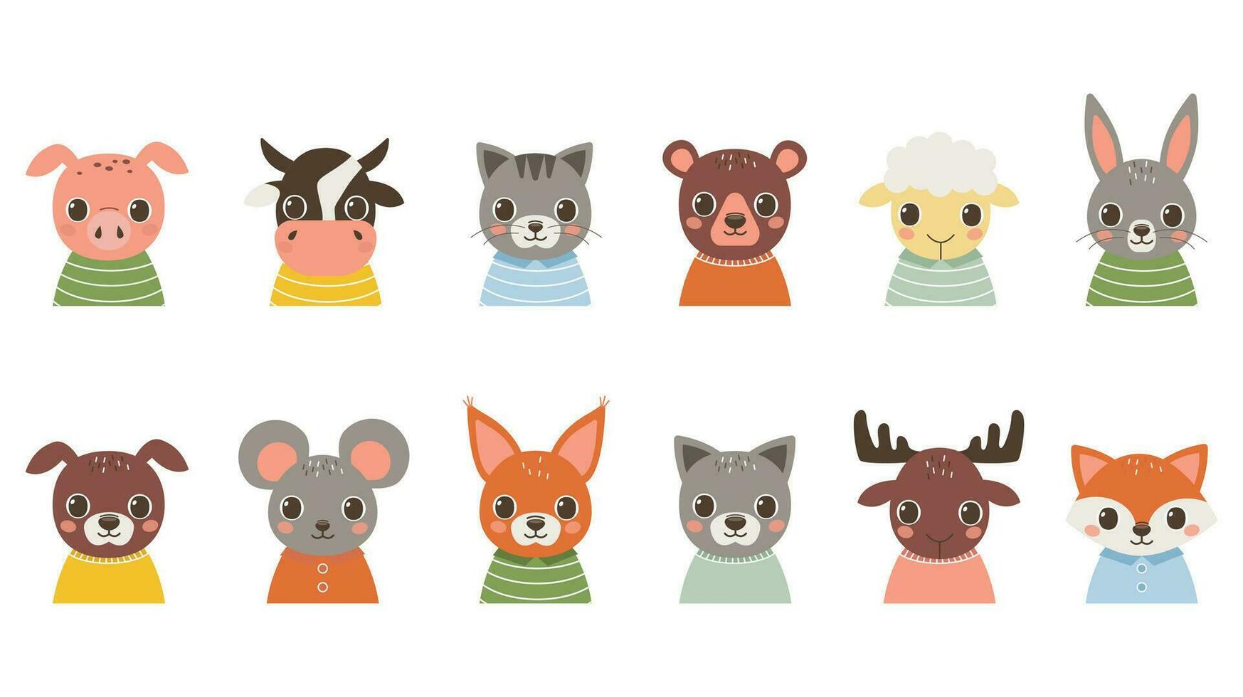Set of portraits of cute animals. Pig, cow, cat, bear, sheep, hare, dog, mouse, squirrel, wolf, moose, fox. Vector graphic.