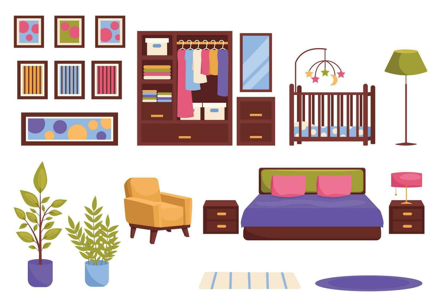 Set of furniture and interior items. Bedroom. Vector graphic on a white background.