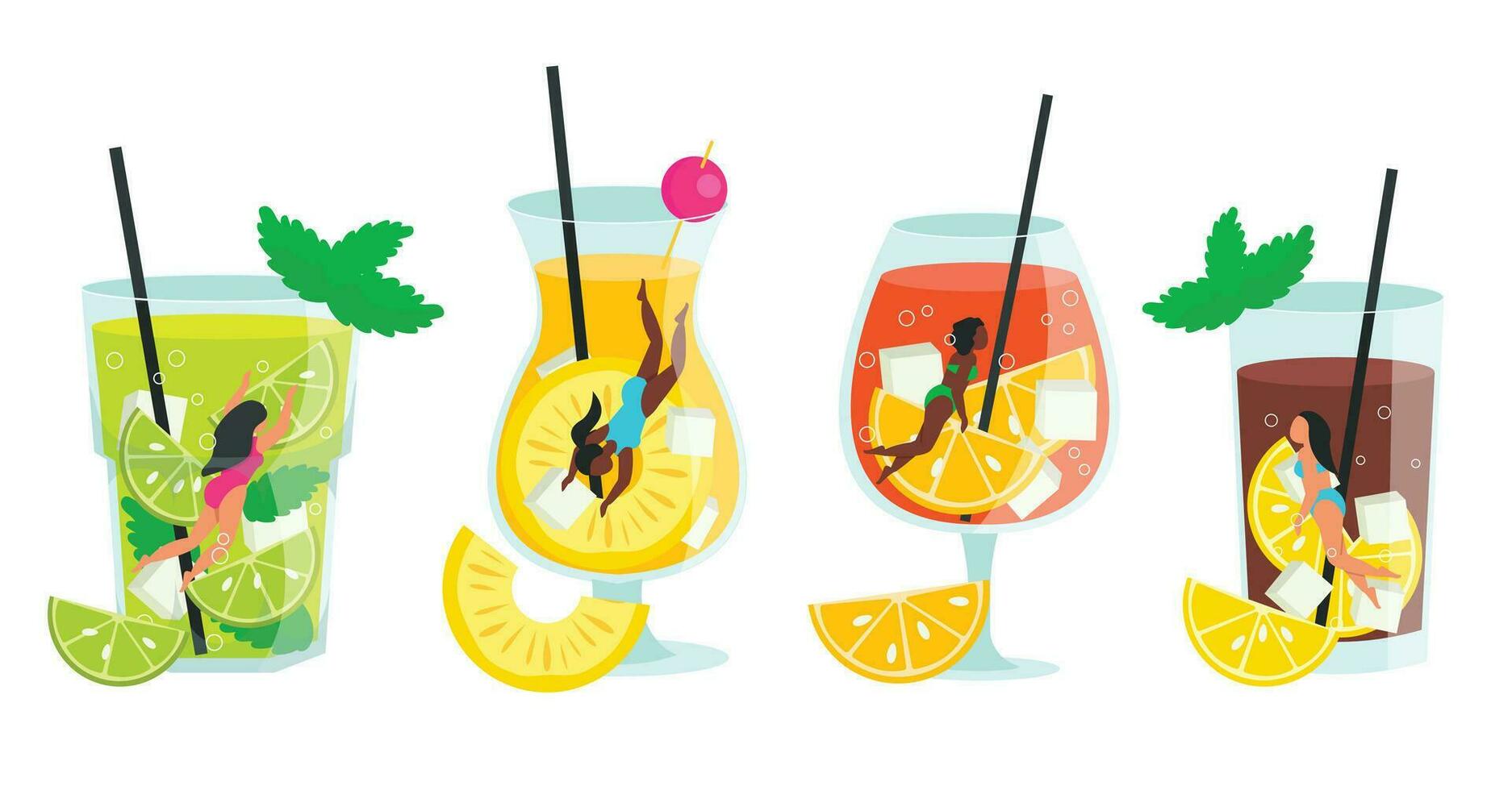 Set of different popular cocktails with floating girls inside the glass. Vector graphic.