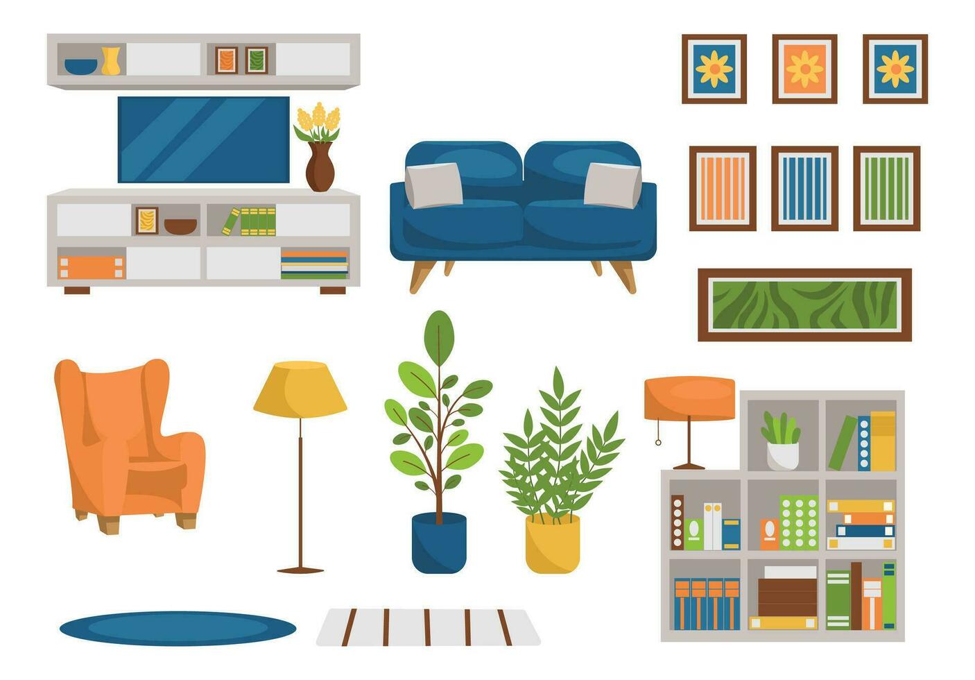 Set of furniture and interior items. Living room. Vector graphic.