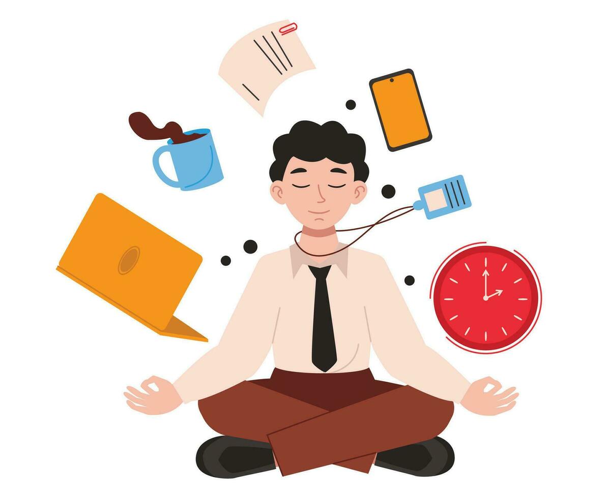 Man office worker sits in lotus position and meditates at work. Work stuff fly around. Vector graphic.
