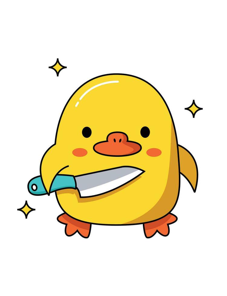 Dangerous cute duck with different weapons. Holds a sharp knife. Vector graphic.