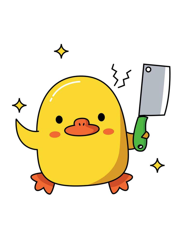 Dangerous cute duck with different weapons. Holds a sharp cleaver. Vector graphic.