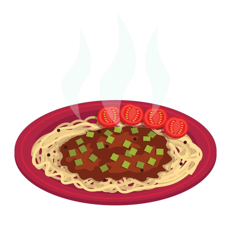 Spaghetti with minced meat. Garnished with small tomatoes and green onions. Vector graphic.