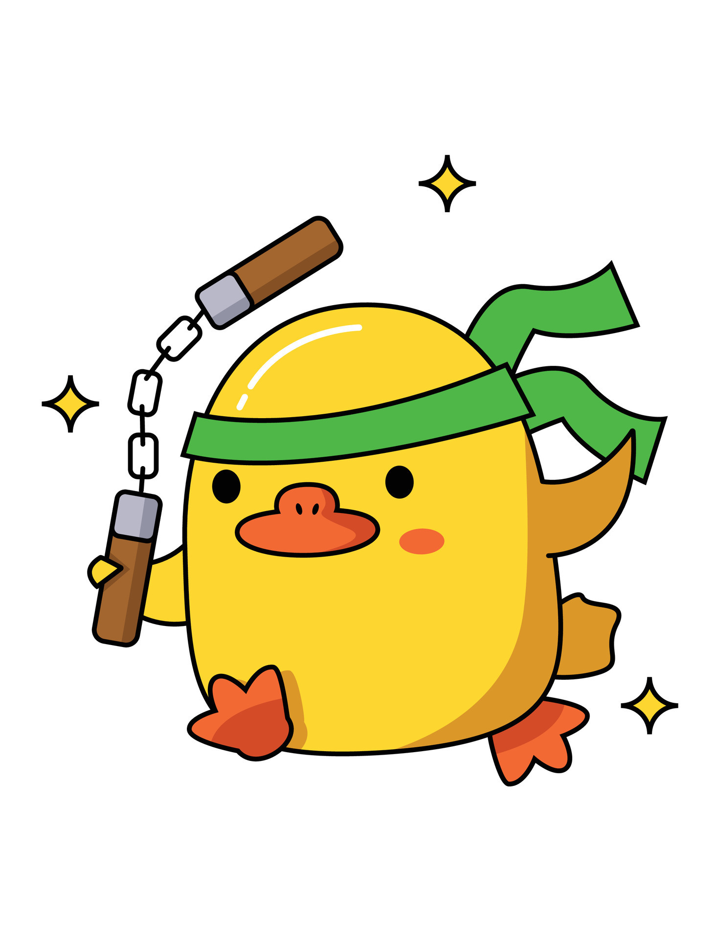 Dangerous cute duck with different weapons. With a bandage on his head