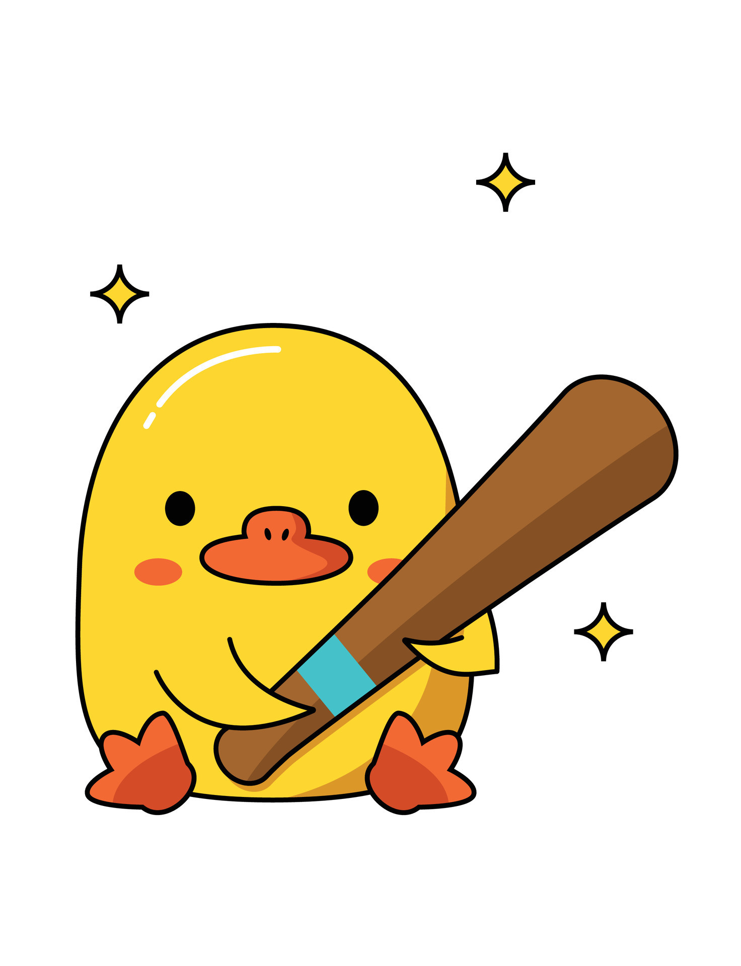 Dangerous cute duck with different weapons. Sits and holds a wooden bat