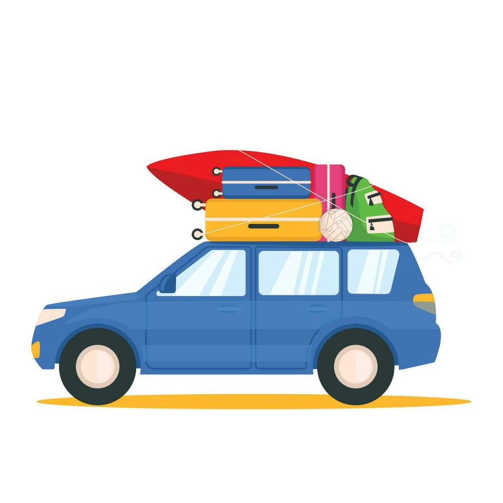 Blue car with things goes on vacation. Suitcases, a surfboard, a backpack, a ball are fixed on the roof. Vector graphic.
