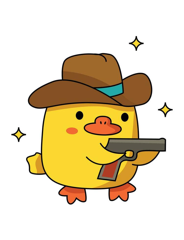 Dangerous cute duck with different weapons. With a cowboy hat and a gun. Vector graphic.