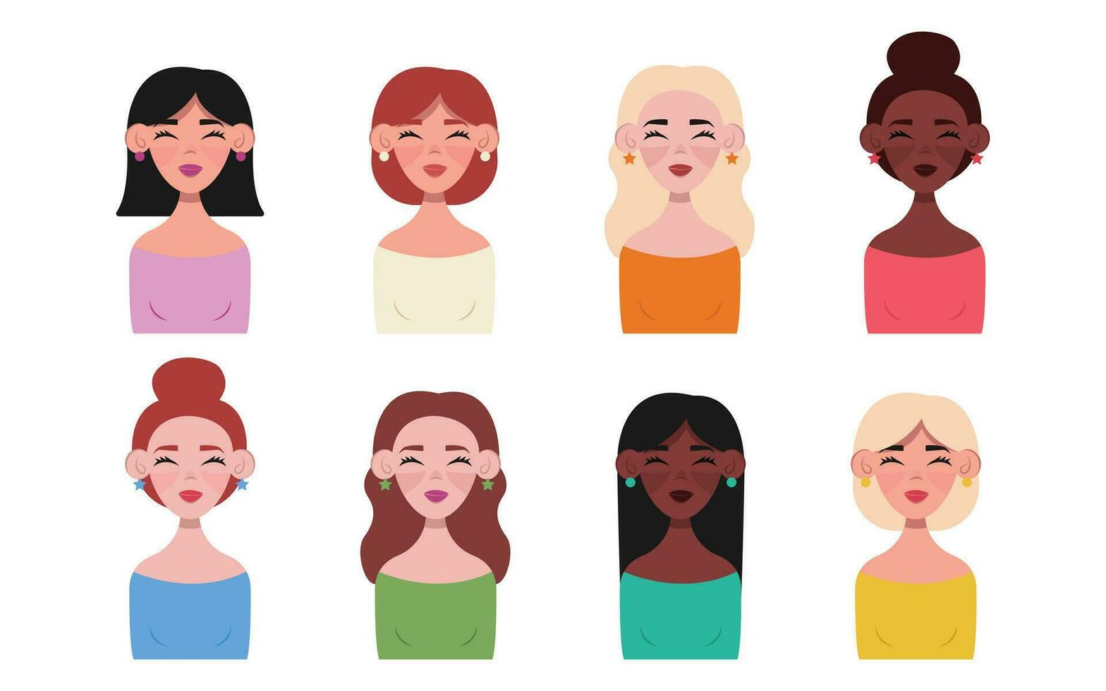 Set of illustrations of beautiful female avatars. Vector graphic.