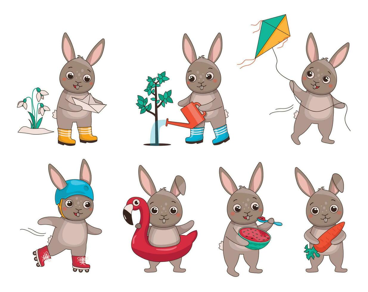 Set of illustrations of hares with different activities. Vector graphic.