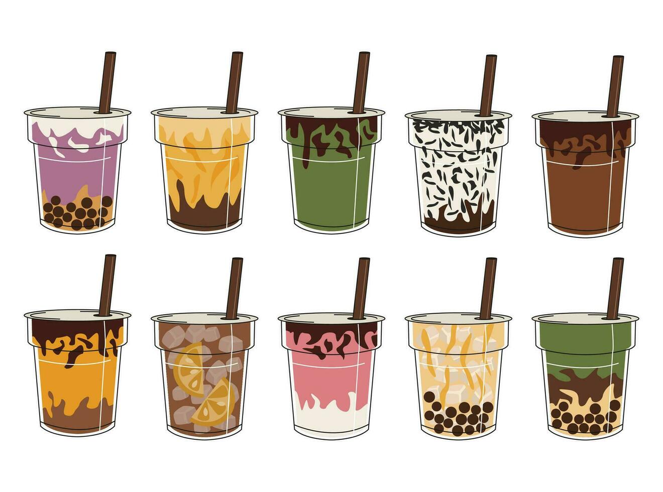 Set of illustrations of drinks. Coffee, milkshake, iced tea, and others to go. Takeaway. Vector graphic.
