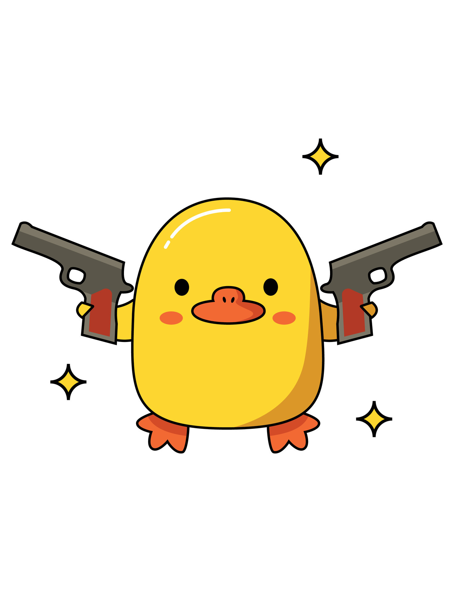 Dangerous cute duck with different weapons. Holds two guns. Vector