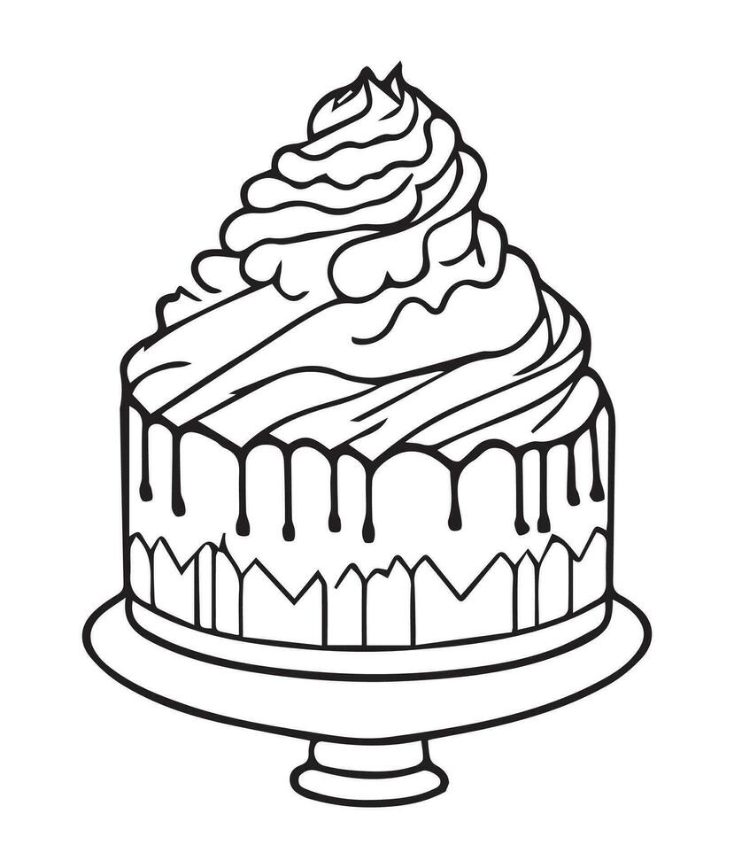 Cake coloring page. Birthday cake coloring page for kids and adults. mid content coloring page for amazon KDP. Coloring page of Cake vector