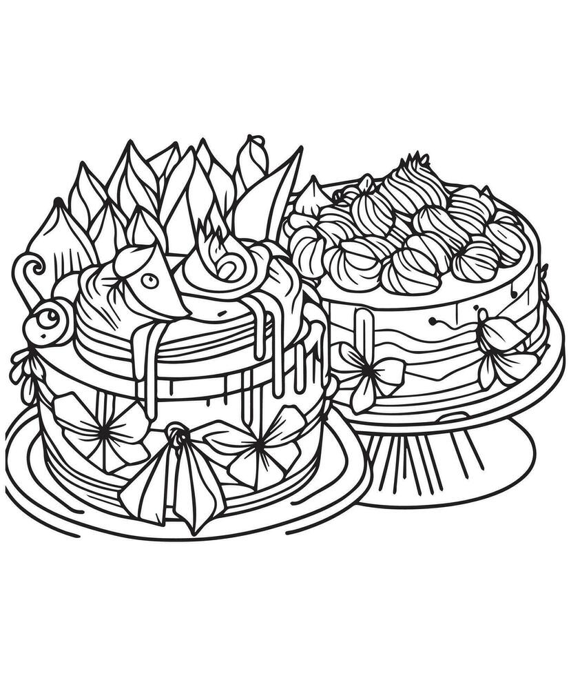 Cake coloring page. Birthday cake coloring page for kids and adults. mid content coloring page for amazon KDP. Coloring page of Cake vector
