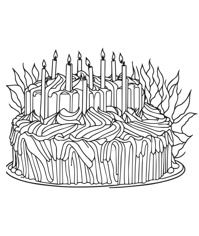 Cake coloring page. Birthday cake coloring page for kids and adults. mid content coloring page for amazon KDP. Coloring page of Cake vector