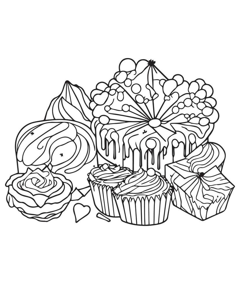 Cake coloring page. Birthday cake coloring page for kids and adults. mid content coloring page for amazon KDP. Coloring page of Cake vector