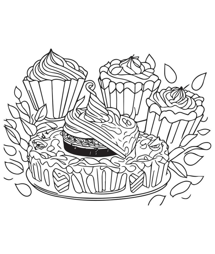 Cake coloring page. Birthday cake coloring page for kids and adults. mid content coloring page for amazon KDP. Coloring page of Cake vector