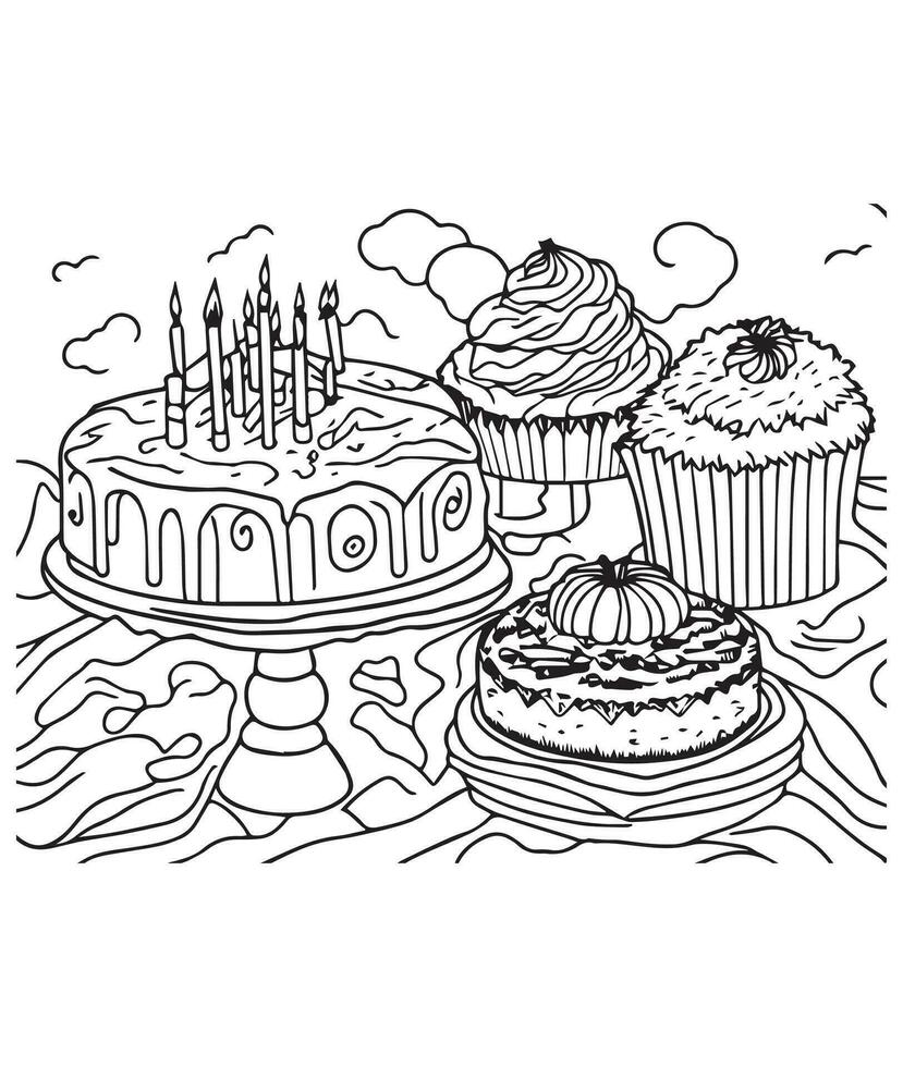Cake coloring page. Birthday cake coloring page for kids and adults. mid content coloring page for amazon KDP. Coloring page of Cake vector