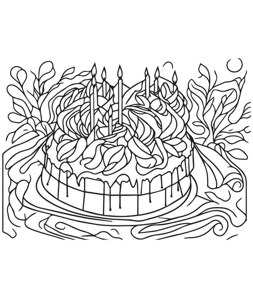 Cake coloring page. Birthday cake coloring page for kids and adults. mid content coloring page for amazon KDP. Coloring page of Cake vector