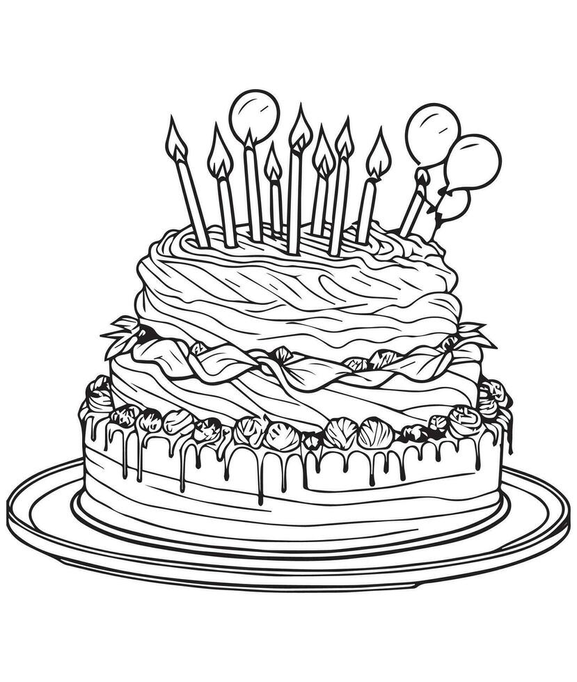 Cake coloring page. Birthday cake coloring page for kids and adults. mid content coloring page for amazon KDP. Coloring page of Cake vector