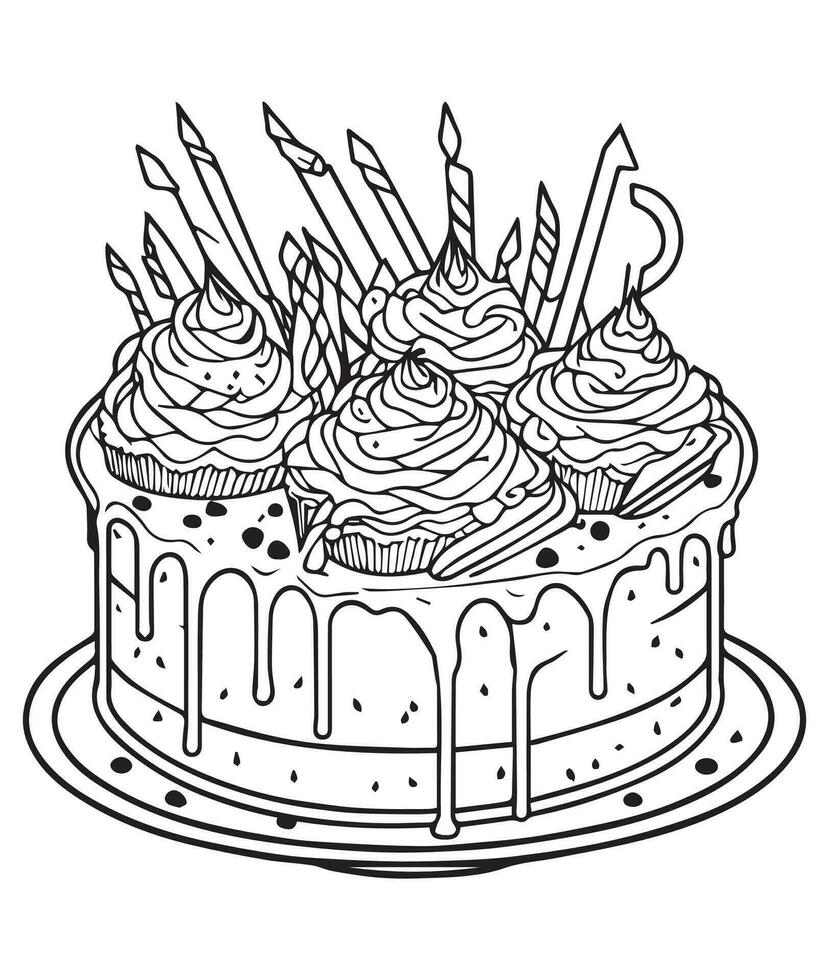 pastel colorante página. cumpleaños pastel colorante página para niños y adultos medio contenido colorante página para Amazonas kdp. colorante página de pastel vector