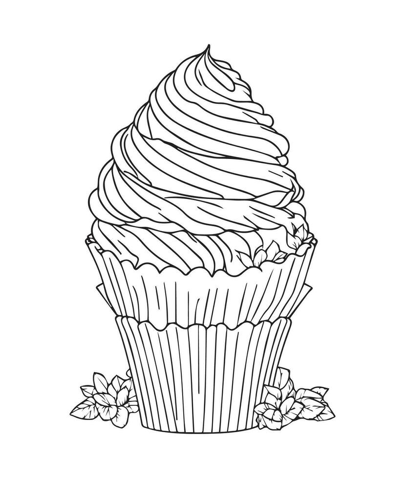 Cup Cake coloring page. Birthday Cup cake coloring page for kids and adults. mid content coloring page for amazon KDP. Coloring page of cup cake. vector