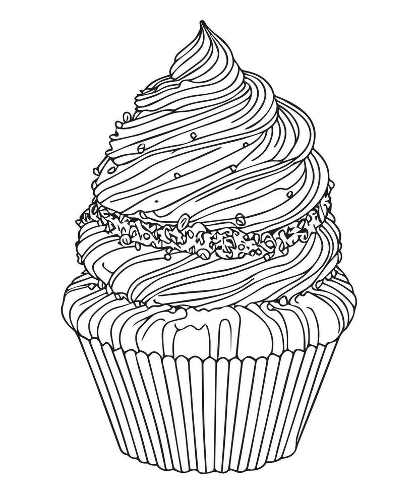 Cup Cake coloring page. Birthday Cup cake coloring page for kids and adults. mid content coloring page for amazon KDP. Coloring page of cup cake. vector