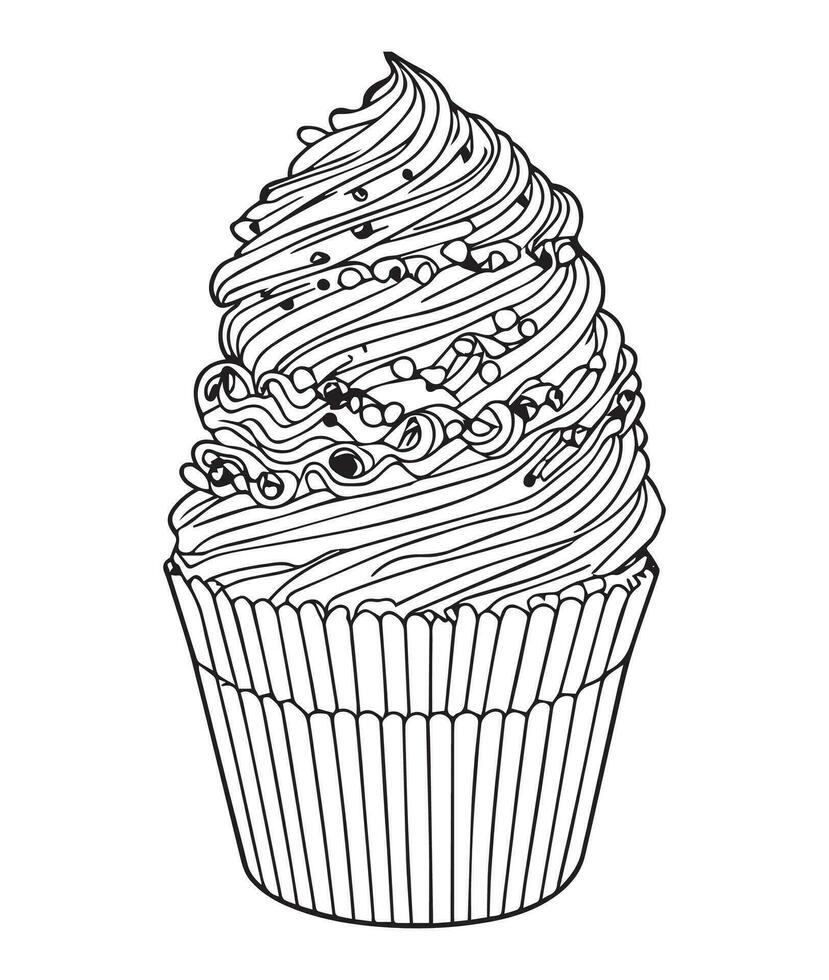 Cup Cake coloring page. Birthday Cup cake coloring page for kids and adults. mid content coloring page for amazon KDP. Coloring page of cup cake. vector