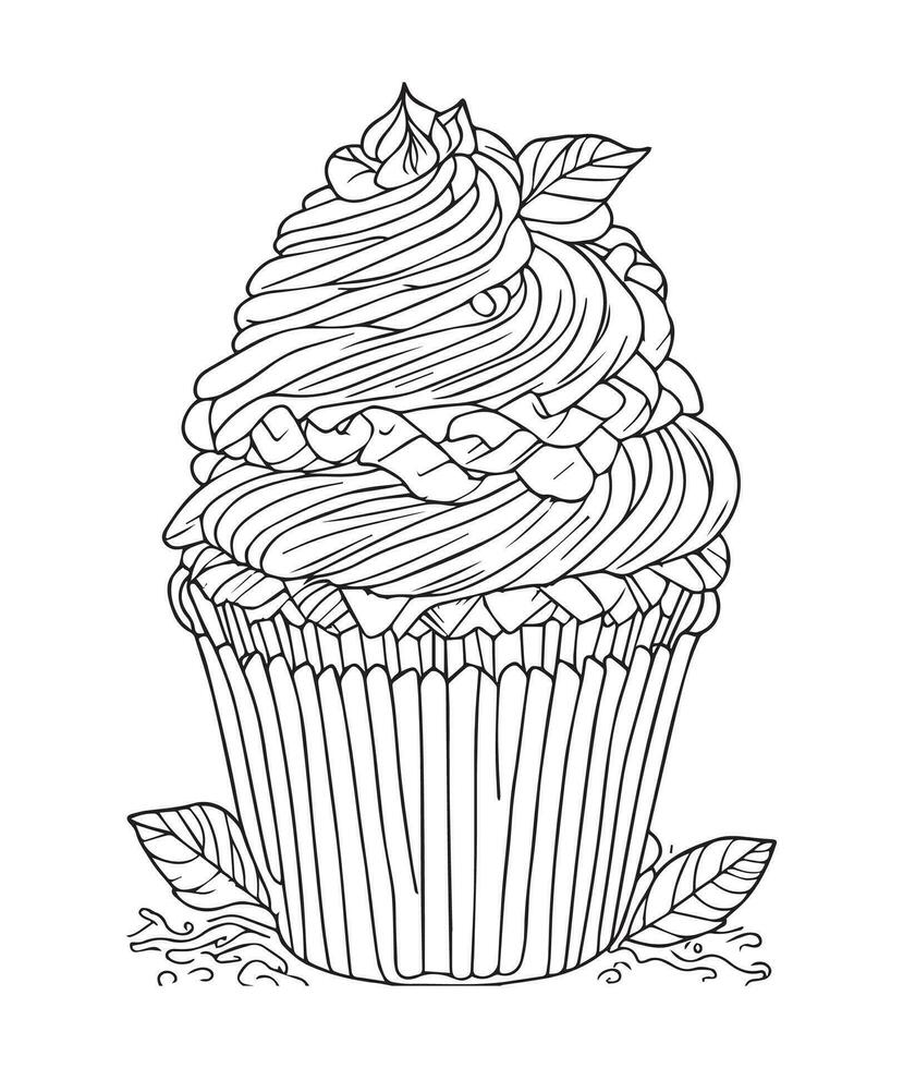 Cup Cake coloring page. Birthday Cup cake coloring page for kids and adults. mid content coloring page for amazon KDP. Coloring page of cup cake. vector