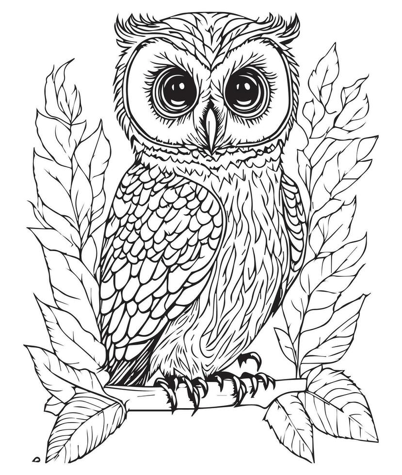Owl coloring page. Cute Owl coloring page for kids and adults. mid content coloring page for amazon KDP. Coloring page of Owl. Wild life coloring page vector