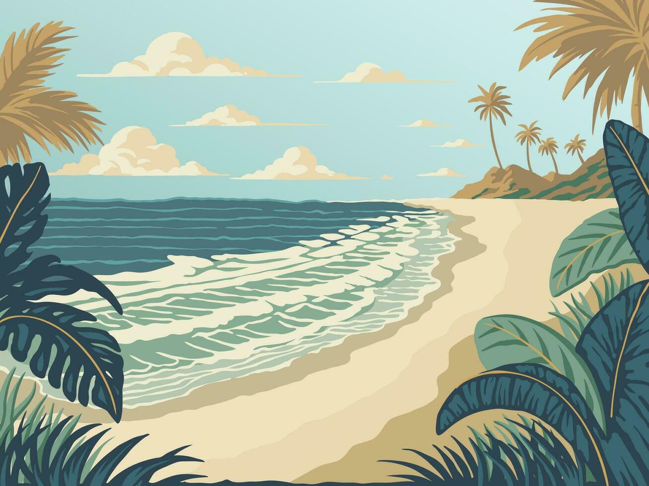 Tropical summer beach panorama vintage cartoon style illustration vector