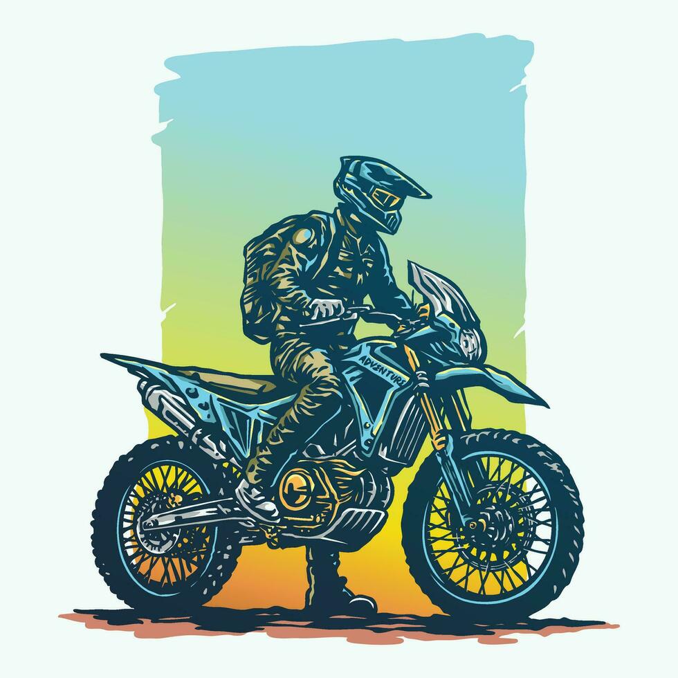 Colorful adventure biker sport dual purpose motorcycle vintage style illustration vector