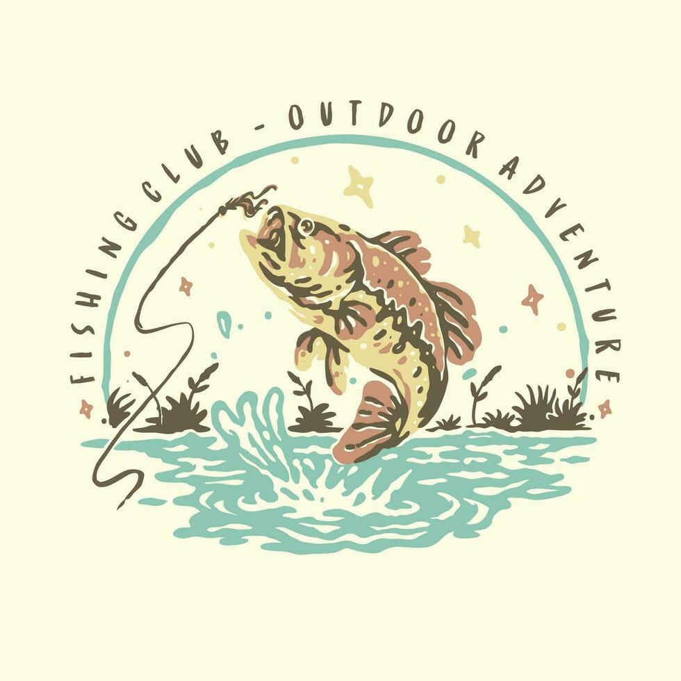pescado en el agua pescar club al aire libre aventuras con un antiguo sello Clásico estilo aislado ilustración vector