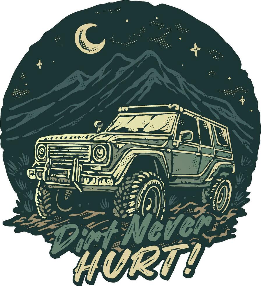 Vintage style off road vehicle 4x4 on the mountain at night vector