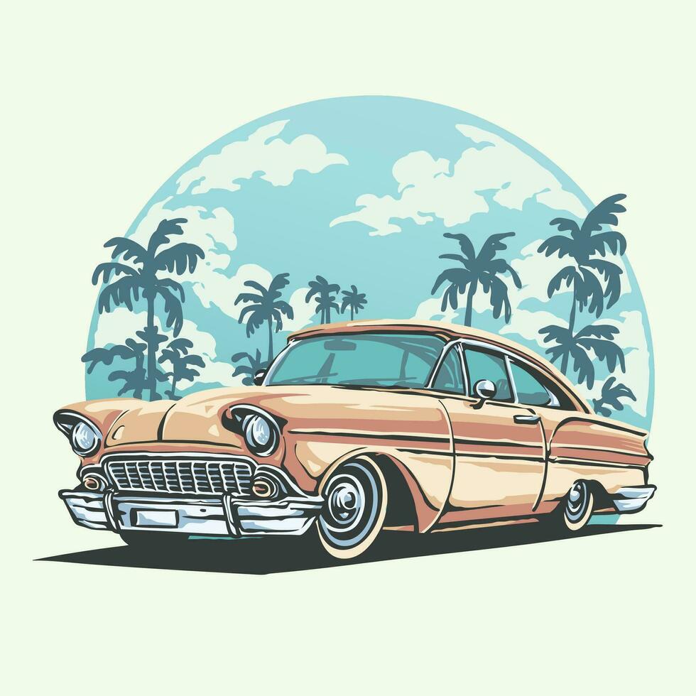 Clásico clásico retro coche en el playa con un claro cielo ilustración vector