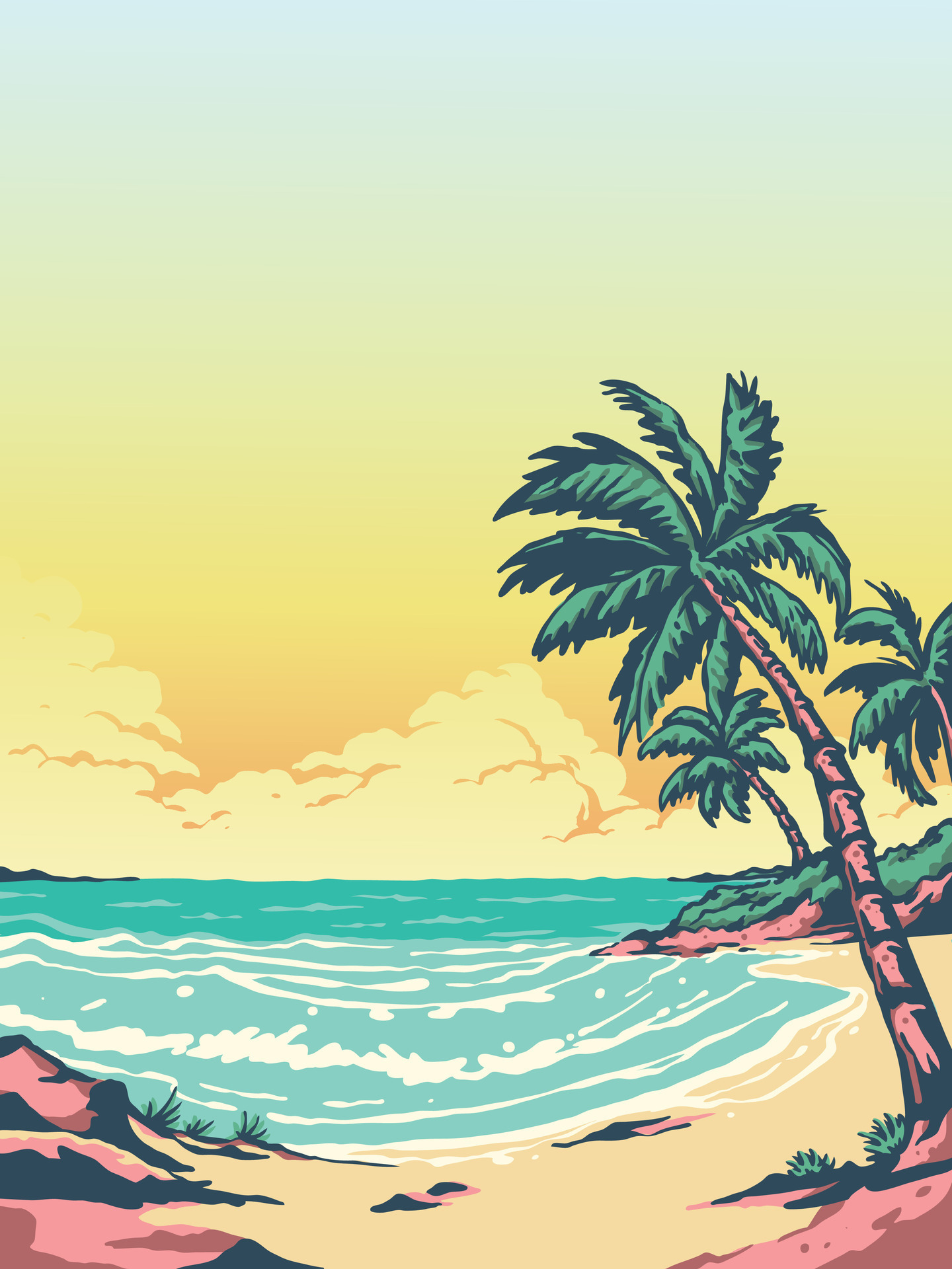 Retro vintage beach with coconut tree at sunset background illustration