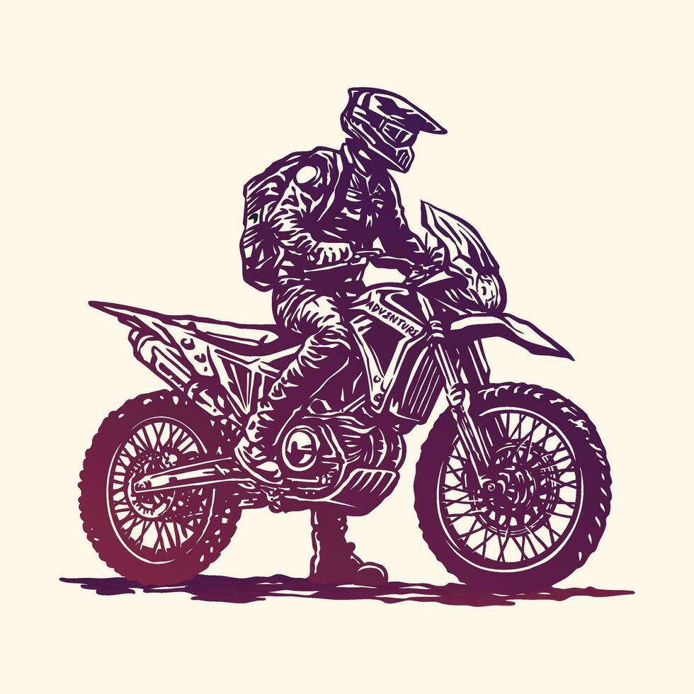 Adventure biker sport dual purpose motorcycle vintage style illustration vector