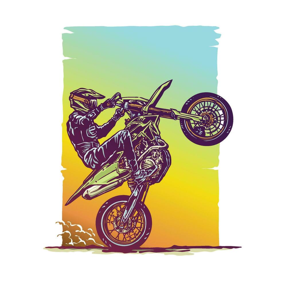 vistoso extremo supermoto motorista caballito estilo libre dibujos animados ilustración vector