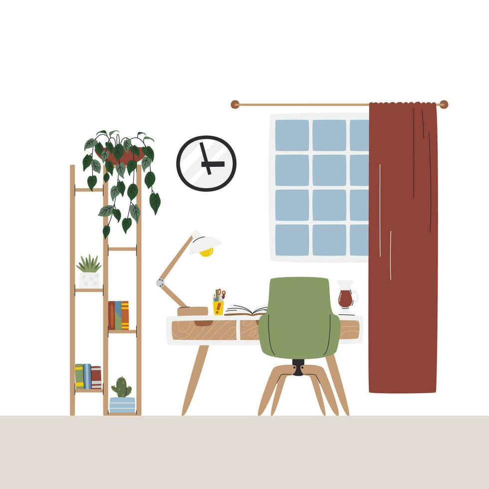 Study place with comfortable furniture and shelf with houseplants. Remotely home office in bedroom or living room. Domestic interior scene. Residential workspace hand drawn flat vector illustration