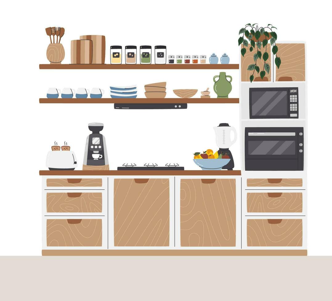 Kitchen interior design with cooking equipment and built-in appliances. Country style dining room with decor. Comfy and modern indoor scene. Mid-century kitchen set hand drawn flat vector illustration