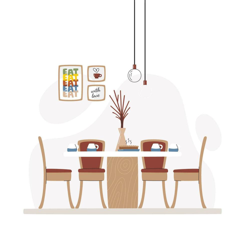 Dining furniture on abstract background. Cozy residential home room. Kitchen zone or dining space with decor and food. Tea time with homemade pie. Interior scene hand drawn flat vector illustration