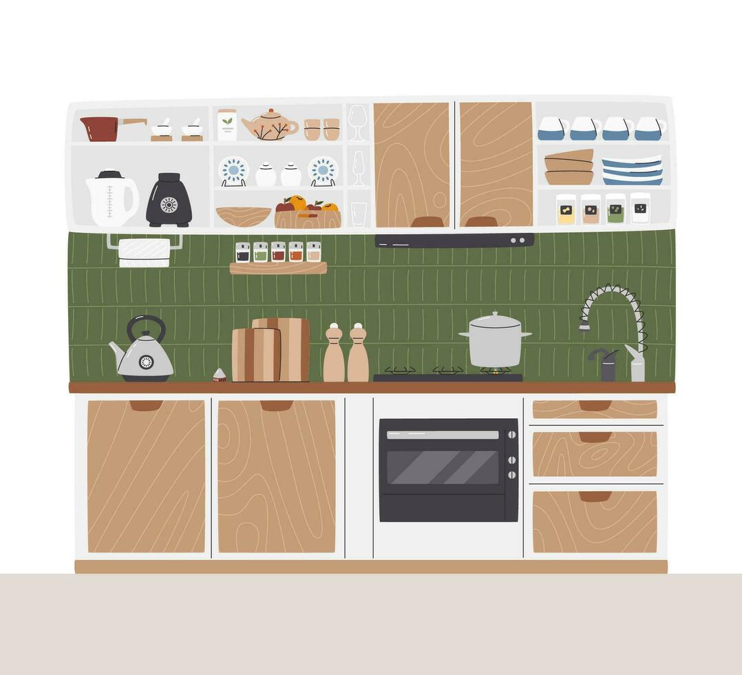 Rustic kitchen set full of utensils and appliances. Mid-century modern dining interior with equipment. Cute home details, inside view. Cozy residential indoor scene hand drawn flat vector illustration