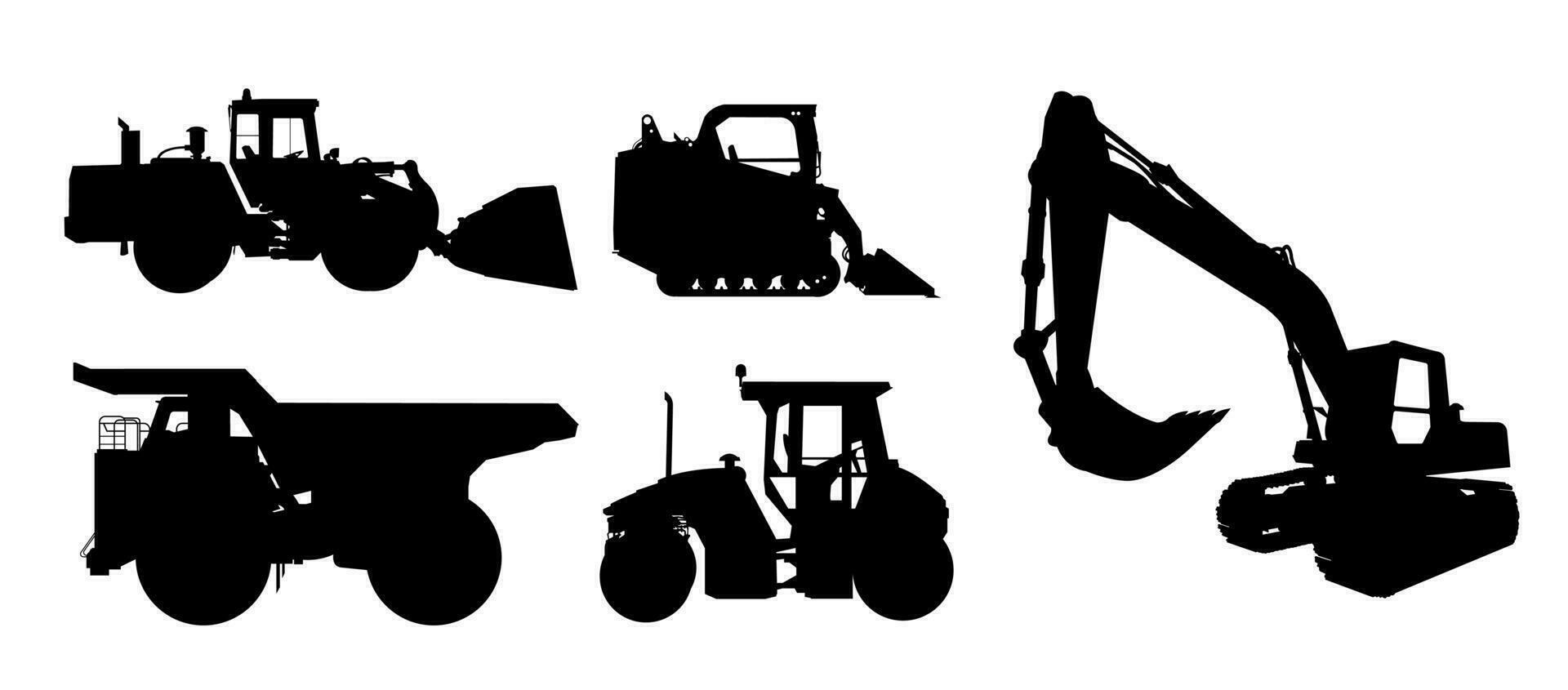 Set of building mechine bulldozer loader vector silhouette isolated.