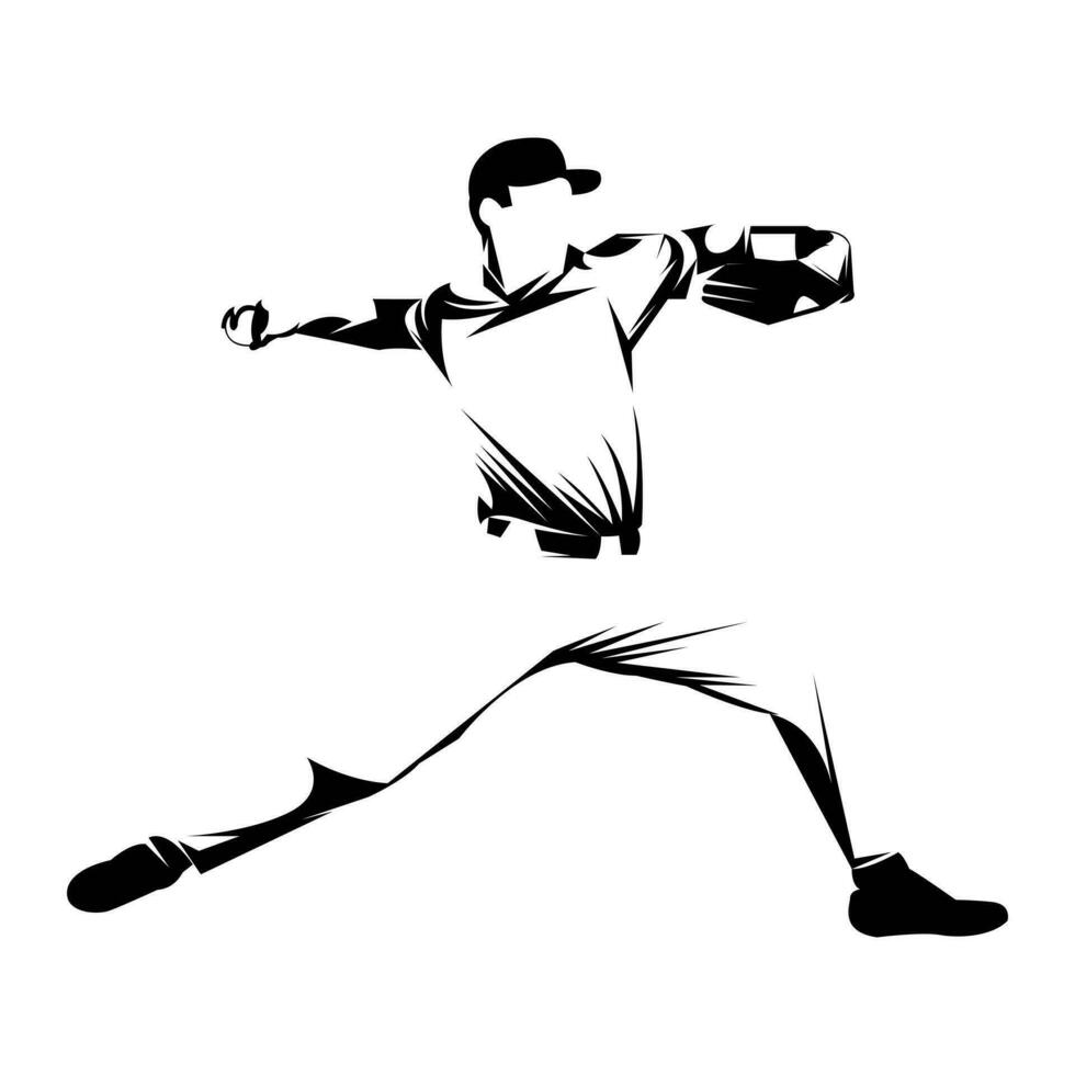 masculino béisbol jugador siluetas en blanco antecedentes aislado. silueta de un masculino béisbol jugador lanzamiento el pelota vector ilustración